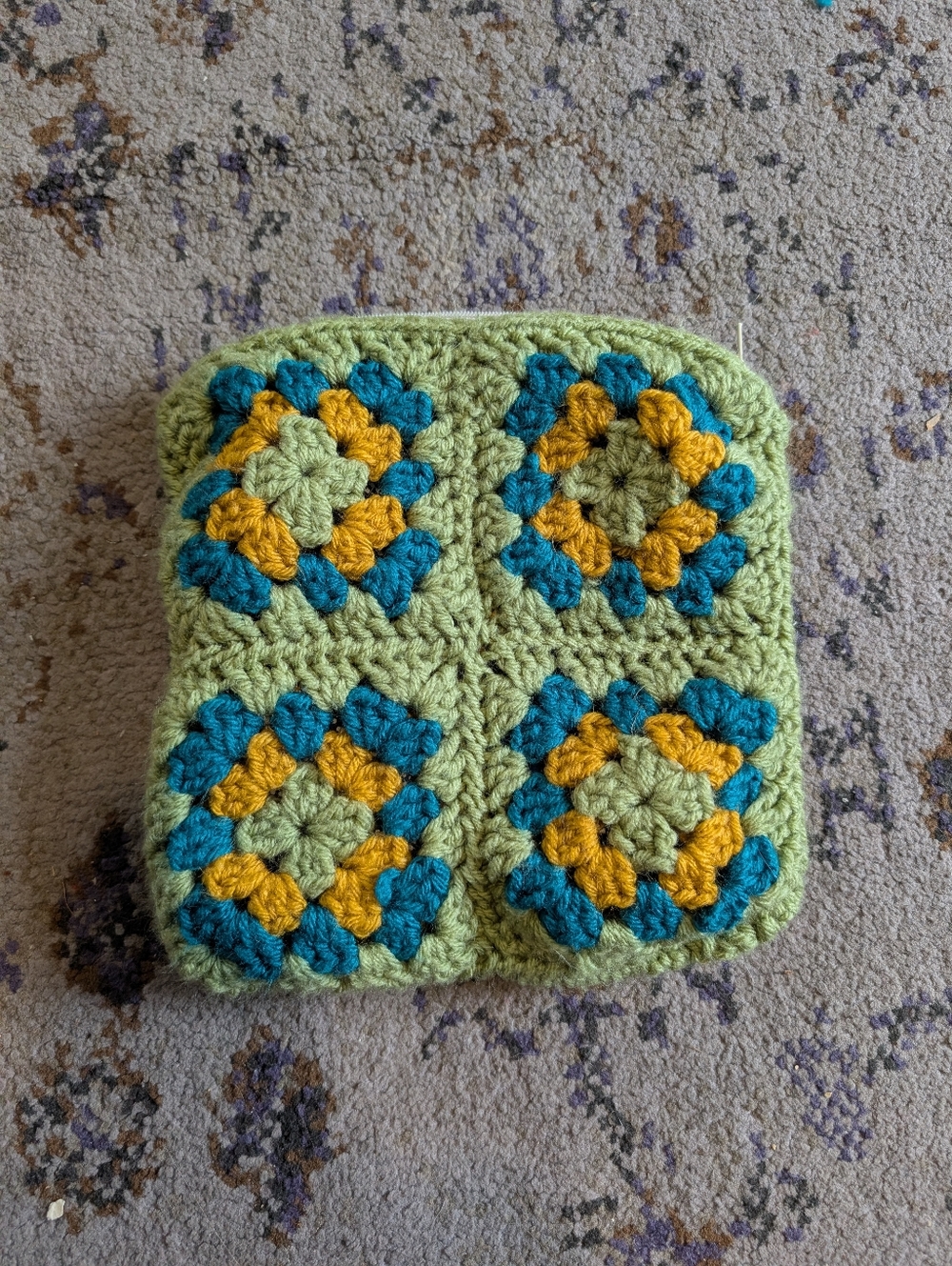Handmade Granny Square Crochet Knit Pouch w Zipper Green Blue Mustard‎ Yellow